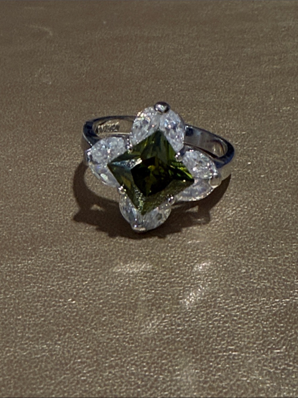 Sterling Silver Green Square-Cut Gemstone Halo Ring